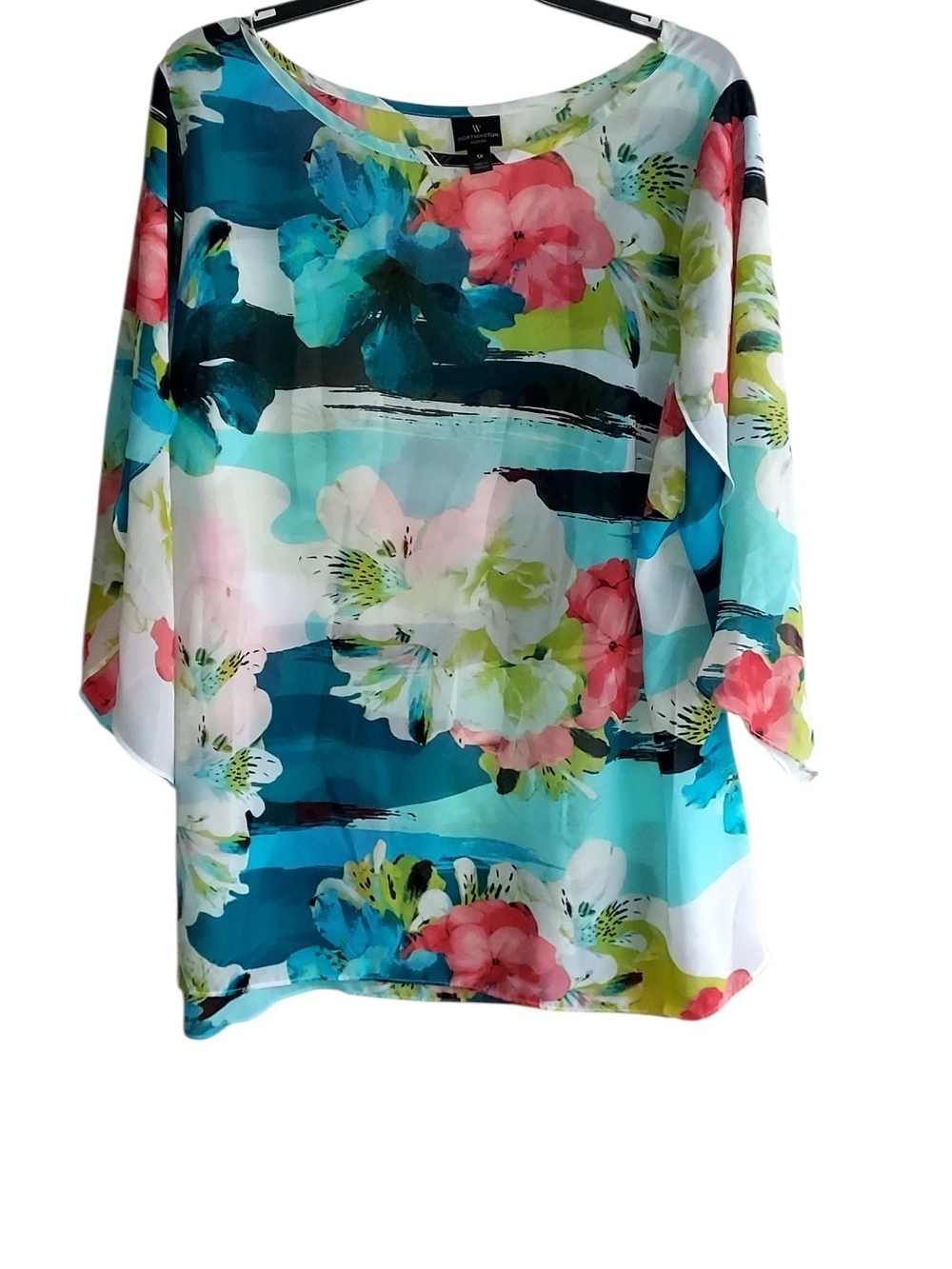 Worthington Floral Watercolor Scoop Neck Top - Teal, Coral, White
